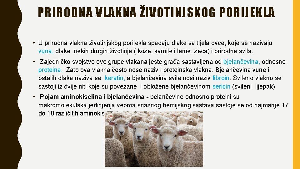 PRIRODNA VLAKNA ŽIVOTINJSKOG PORIJEKLA • U prirodna vlakna životinjskog porijekla spadaju dlake sa tijela