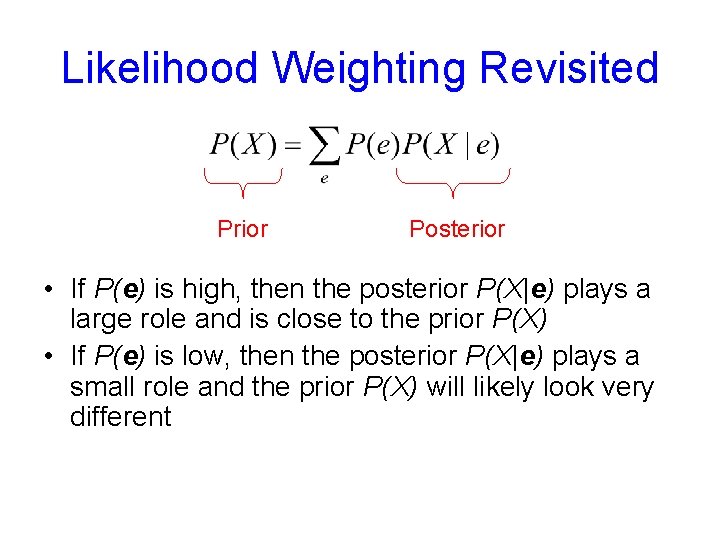 Likelihood Weighting Revisited Prior Posterior • If P(e) is high, then the posterior P(X|e)