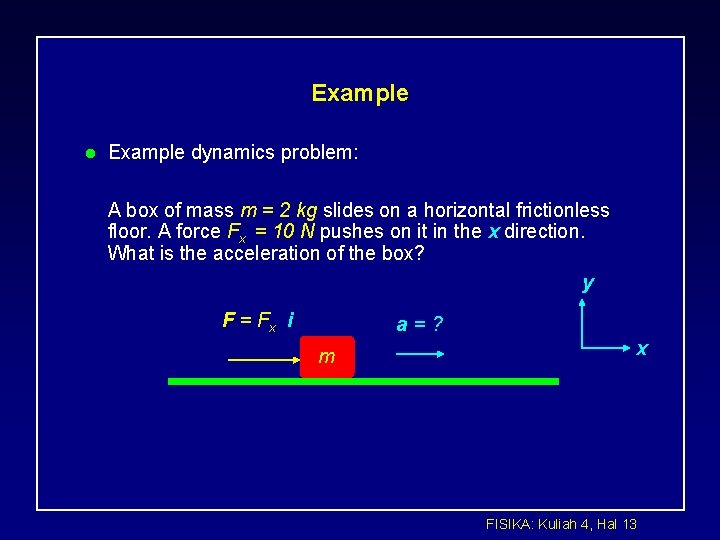 Example l Example dynamics problem: A box of mass m = 2 kg slides