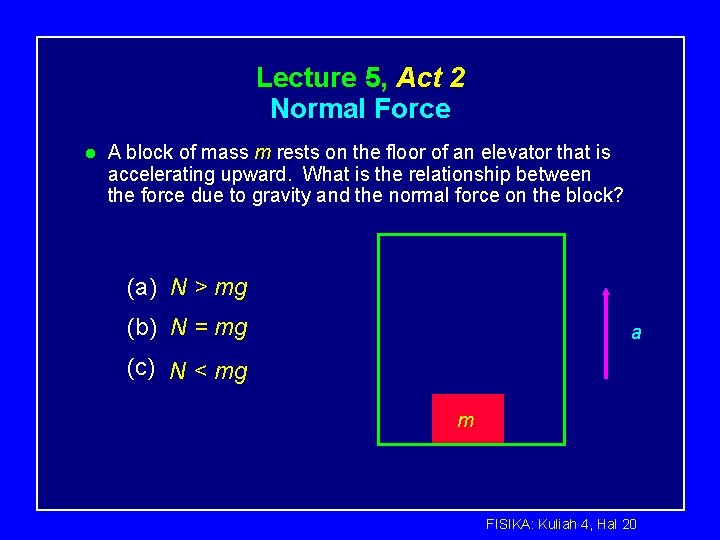 Lecture 5, Act 2 Normal Force l A block of mass m rests on