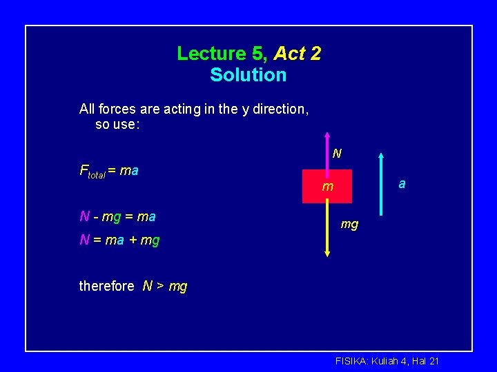 Lecture 5, Act 2 Solution All forces are acting in the y direction, so