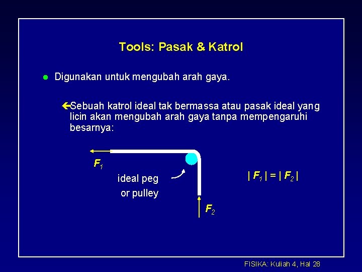 Tools: Pasak & Katrol l Digunakan untuk mengubah arah gaya. çSebuah katrol ideal tak