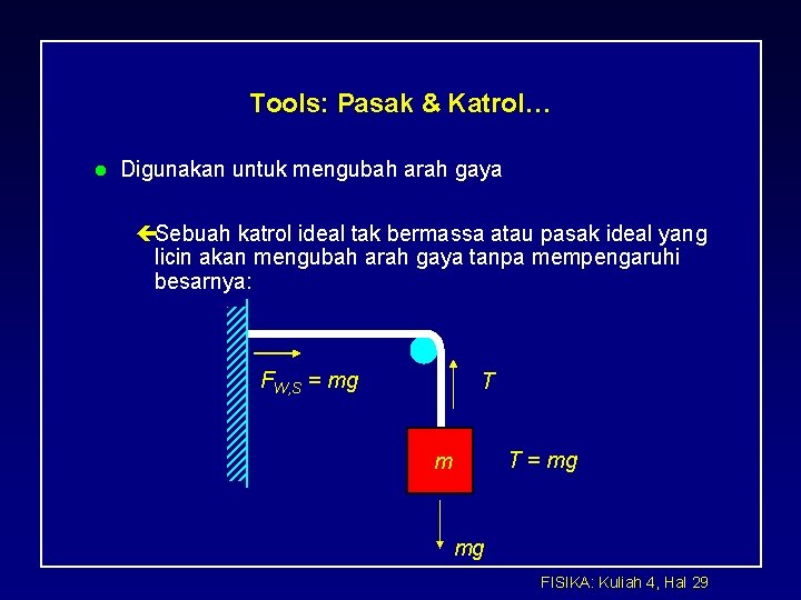 Tools: Pasak & Katrol… l Digunakan untuk mengubah arah gaya çSebuah katrol ideal tak