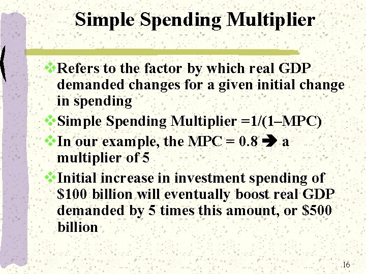 Simple Spending Multiplier v. Refers to the factor by which real GDP demanded changes