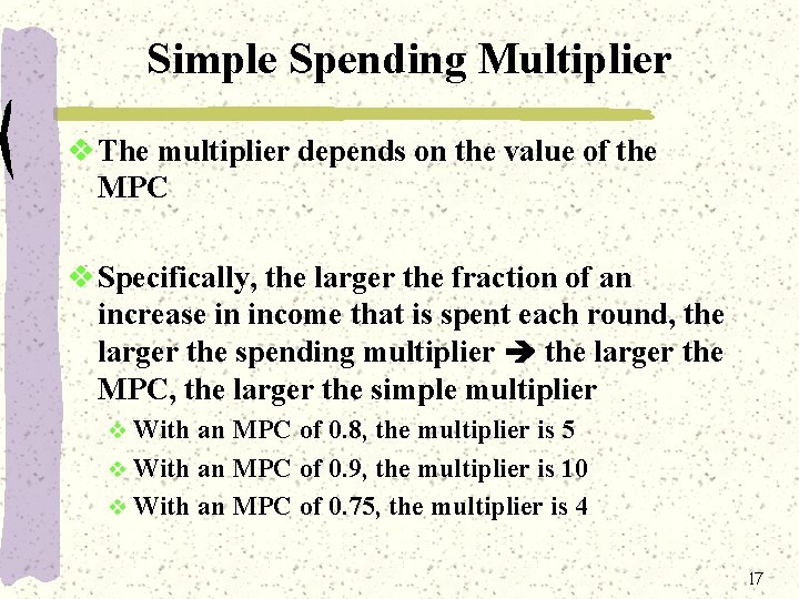 Simple Spending Multiplier v The multiplier depends on the value of the MPC v