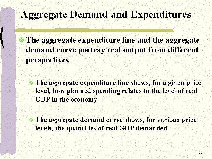 Aggregate Demand Expenditures v The aggregate expenditure line and the aggregate demand curve portray