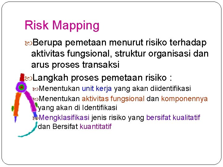 Risk Mapping Berupa pemetaan menurut risiko terhadap aktivitas fungsional, struktur organisasi dan arus proses