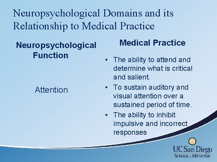 Neuropsychological Domains and its Relationship to Medical Practice Neuropsychological Function Attention Medical Practice •