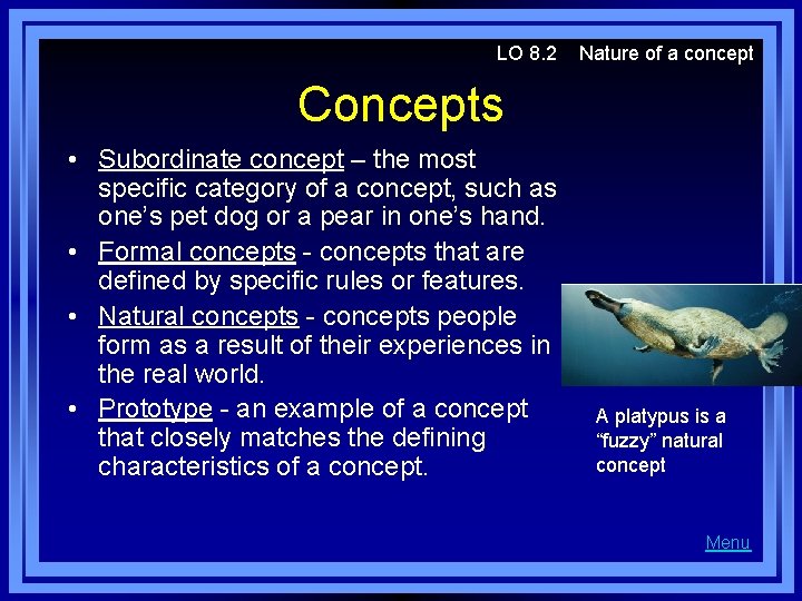 LO 8. 2 Nature of a concept Concepts • Subordinate concept – the most