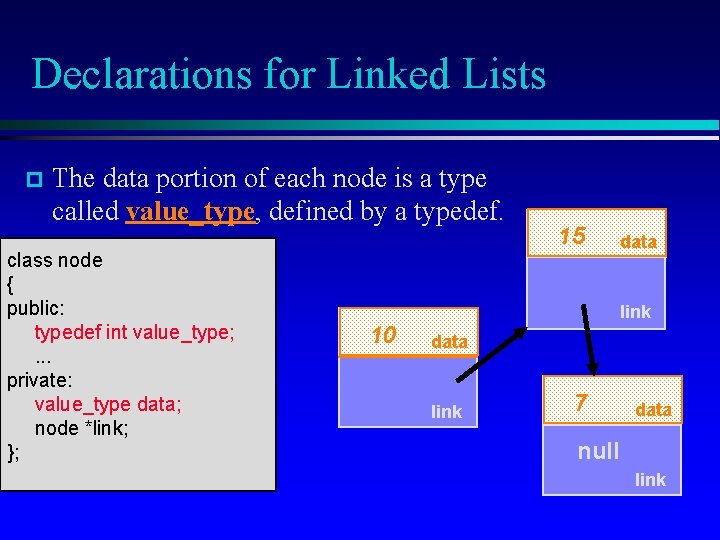 Declarations for Linked Lists p The data portion of each node is a type