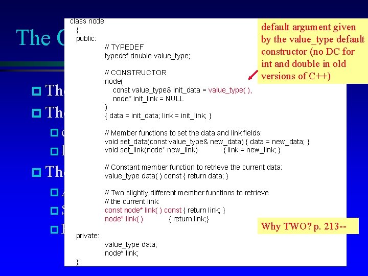 class node { public: default argument given by the value_type default constructor (no DC