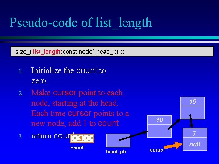 Pseudo-code of list_length size_t list_length(const node* head_ptr); 1. 2. 3. Initialize the count to