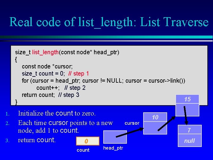 Real code of list_length: List Traverse size_t list_length(const node* head_ptr) { const node *cursor;