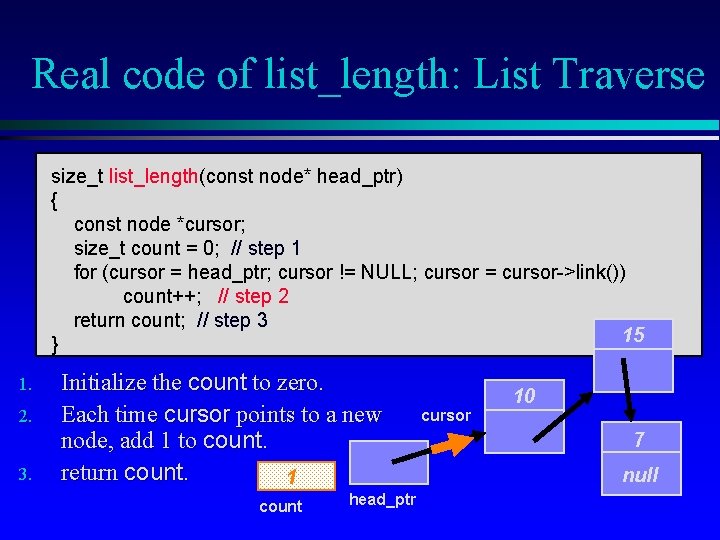 Real code of list_length: List Traverse size_t list_length(const node* head_ptr) { const node *cursor;