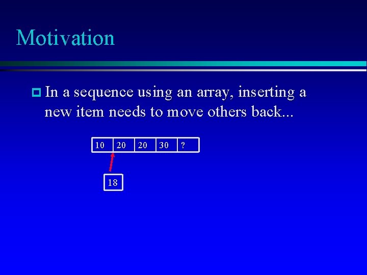 Motivation p In a sequence using an array, inserting a new item needs to