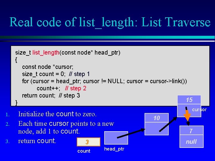 Real code of list_length: List Traverse size_t list_length(const node* head_ptr) { const node *cursor;