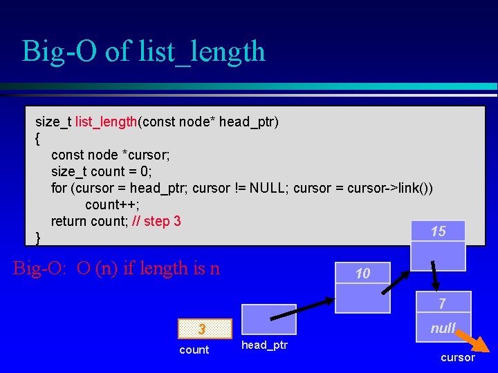 Big-O of list_length size_t list_length(const node* head_ptr) { const node *cursor; size_t count =