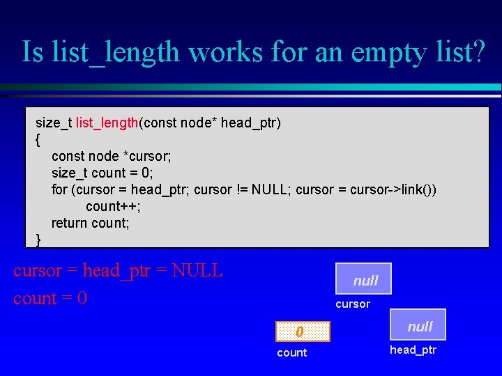 Is list_length works for an empty list? size_t list_length(const node* head_ptr) { const node