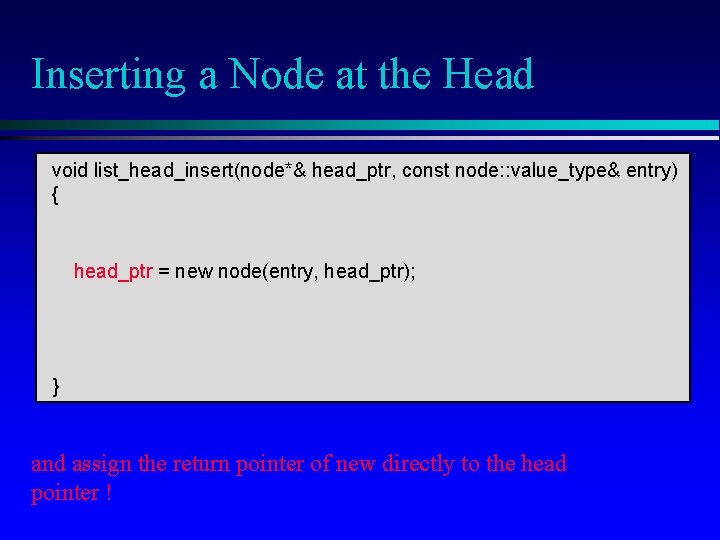 Inserting a Node at the Head void list_head_insert(node*& head_ptr, const node: : value_type& entry)