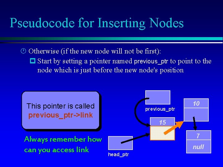 Pseudocode for Inserting Nodes · Otherwise (if the new node will not be first):