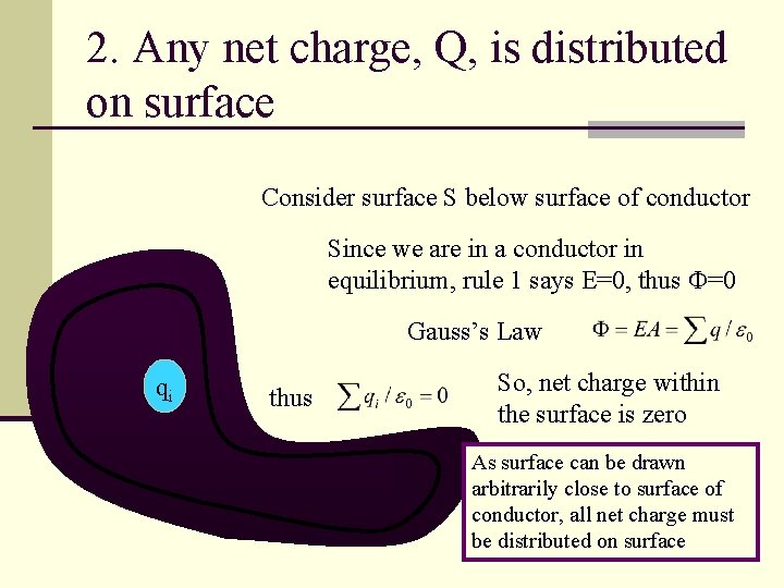 2. Any net charge, Q, is distributed on surface Consider surface S below surface