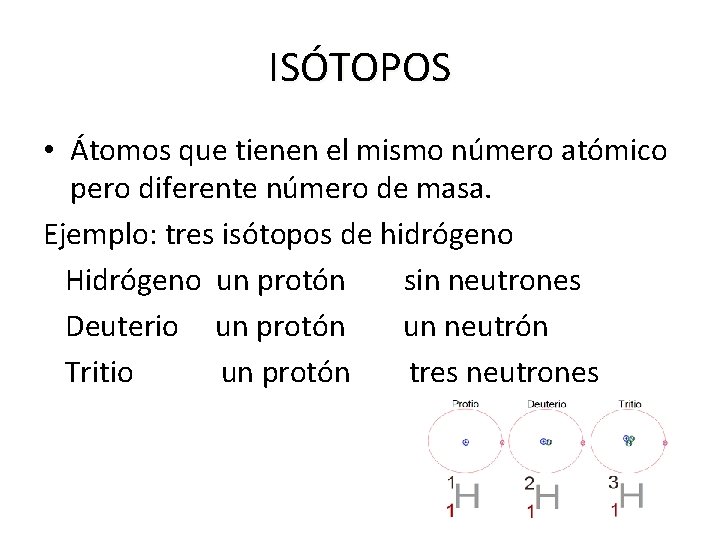 ISÓTOPOS • Átomos que tienen el mismo número atómico pero diferente número de masa. ISÓTOPOS • Átomos que tienen el mismo número atómico pero diferente número de masa.