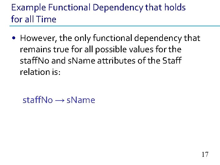 Example Functional Dependency that holds for all Time • However, the only functional dependency