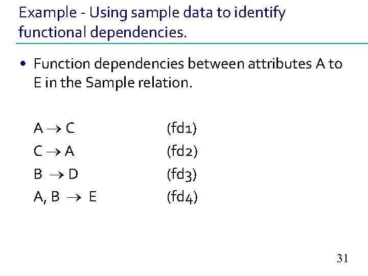 Example - Using sample data to identify functional dependencies. • Function dependencies between attributes