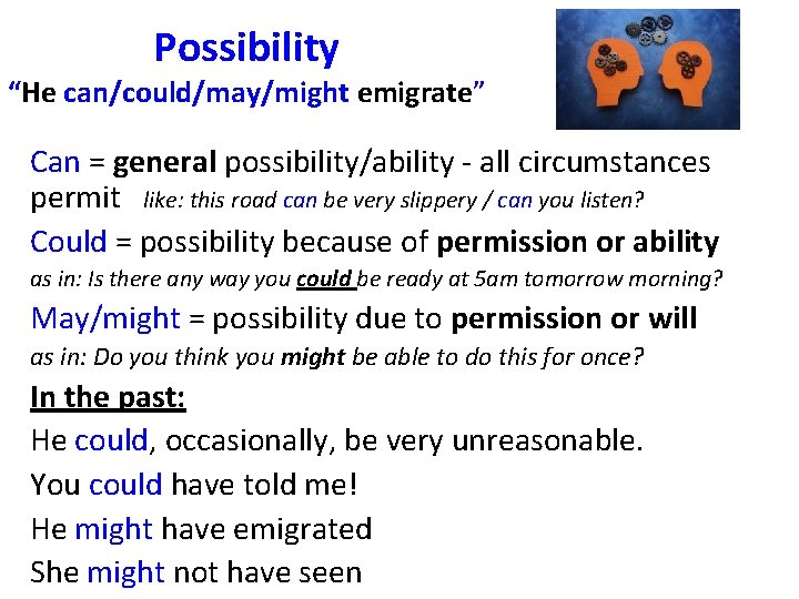 Possibility “He can/could/may/might emigrate” Can = general possibility/ability - all circumstances permit like: this