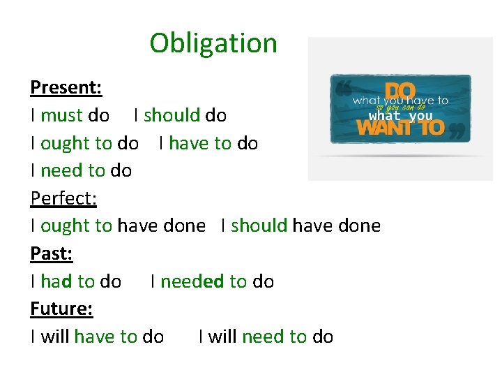 Obligation Present: I must do I should do I ought to do I have