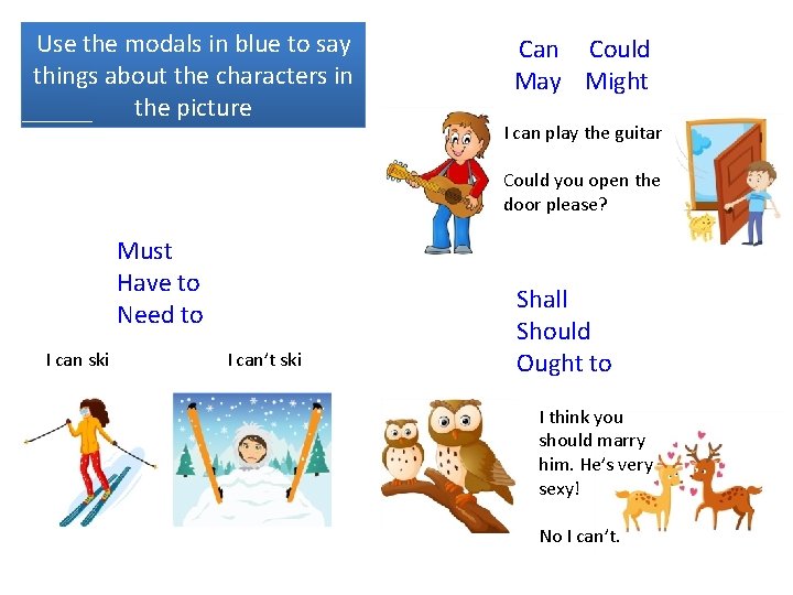 Use the modals in blue to say things about the characters in the picture