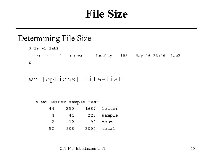 File Size Determining File Size – ls –l wc [options] file-list CIT 140: Introduction