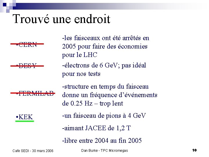 Trouvé une endroit • CERN • DESY -les faisceaux ont été arrêtés en 2005 Trouvé une endroit • CERN • DESY -les faisceaux ont été arrêtés en 2005