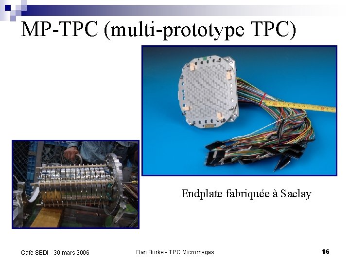 MP-TPC (multi-prototype TPC) Endplate fabriquée à Saclay Cafe SEDI - 30 mars 2006 Dan