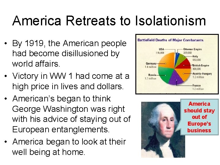 America Retreats to Isolationism • By 1919, the American people had become disillusioned by