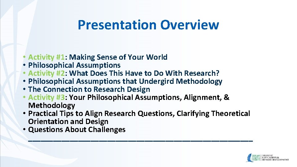 Presentation Overview Activity #1: Making Sense of Your World Philosophical Assumptions Activity #2: What