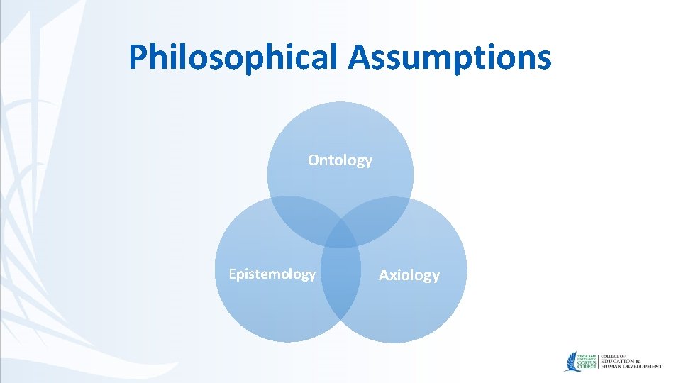 Philosophical Assumptions Ontology Epistemology Axiology 