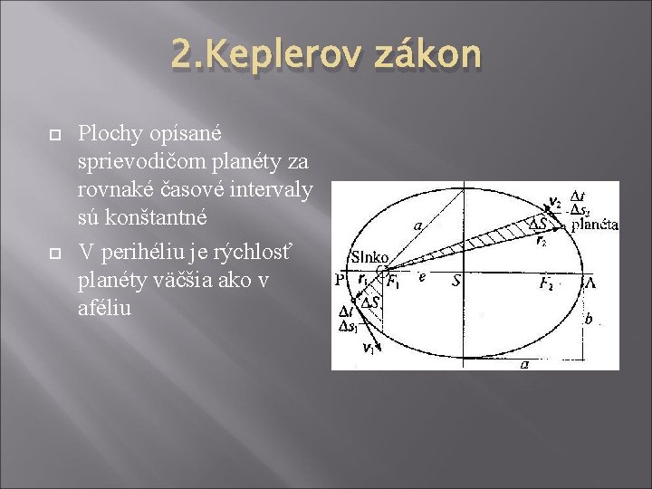 2. Keplerov zákon Plochy opísané sprievodičom planéty za rovnaké časové intervaly sú konštantné V