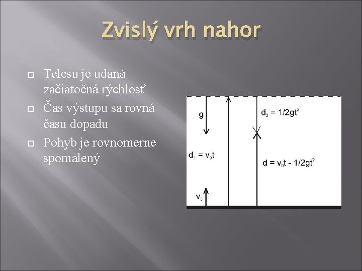 Zvislý vrh nahor Telesu je udaná začiatočná rýchlosť Čas výstupu sa rovná času dopadu
