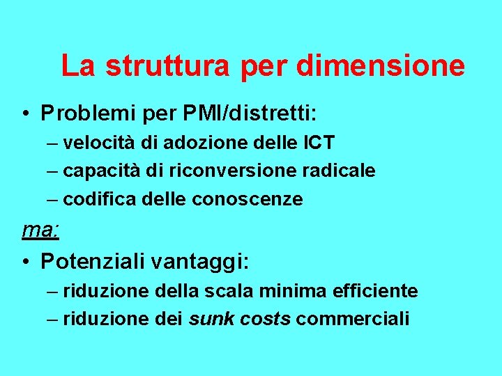 La struttura per dimensione • Problemi per PMI/distretti: – velocità di adozione delle ICT