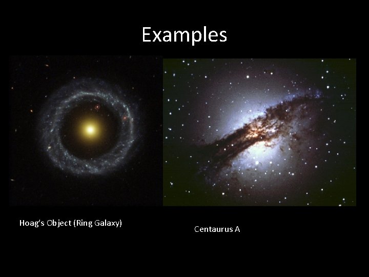 Examples Hoag’s Object (Ring Galaxy) Centaurus A 