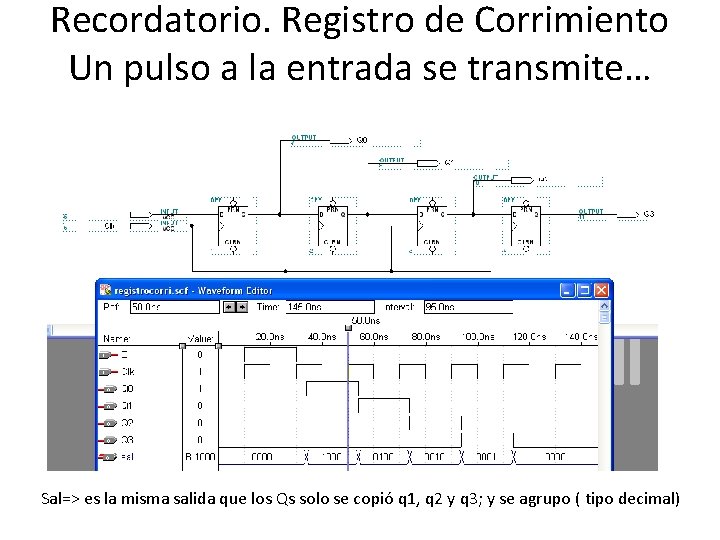 Recordatorio. Registro de Corrimiento Un pulso a la entrada se transmite… Sal=> es la