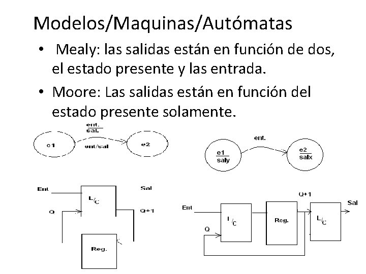 Modelos/Maquinas/Autómatas • Mealy: las salidas están en función de dos, el estado presente y