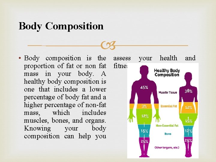 Body Composition • Body composition is the assess your health and proportion of fat