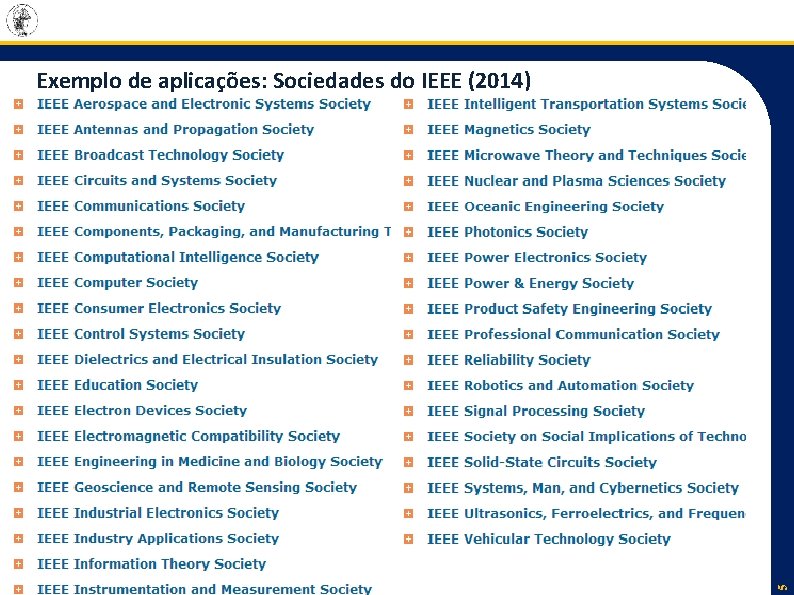 5 Exemplo de aplicações: Sociedades do IEEE (2014) 5 Exemplo de aplicações: Sociedades do IEEE (2014)
