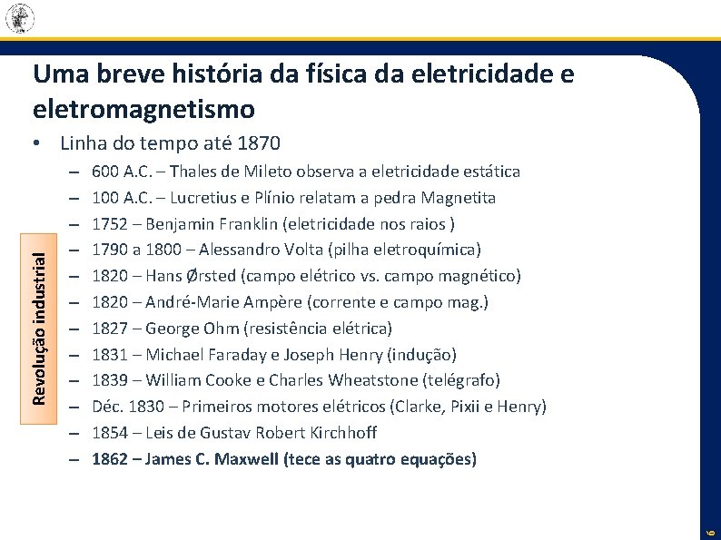 Uma breve história da física da eletricidade e eletromagnetismo – – – 600 A. Uma breve história da física da eletricidade e eletromagnetismo – – – 600 A.