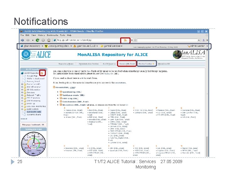 Notifications 25 T 1/T 2 ALICE Tutorial : Services Monitoring 27. 05. 2009 