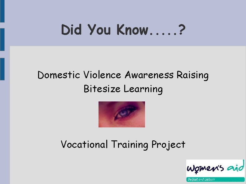 Did You Know. . . ? Domestic Violence Awareness Raising Bitesize Learning Vocational Training