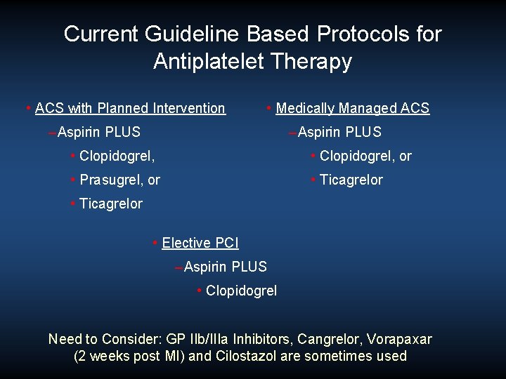 Current Guideline Based Protocols for Antiplatelet Therapy • ACS with Planned Intervention • Medically