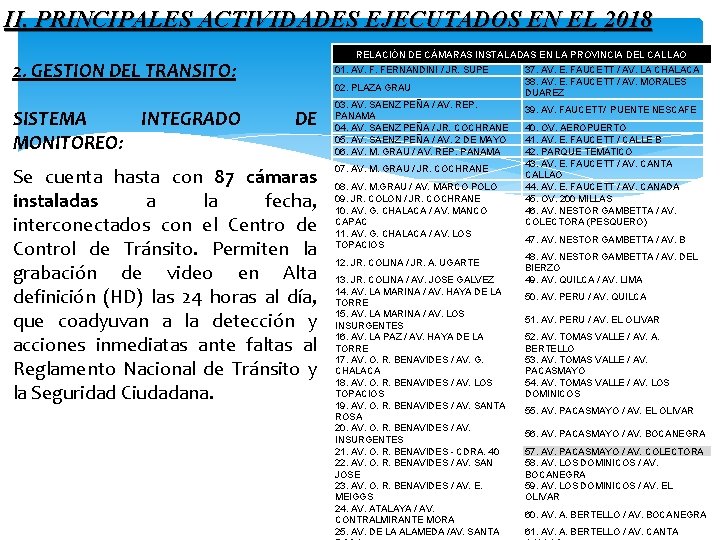 II. PRINCIPALES ACTIVIDADES EJECUTADOS EN EL 2018 RELACIÓN DE CÁMARAS INSTALADAS EN LA PROVINCIA